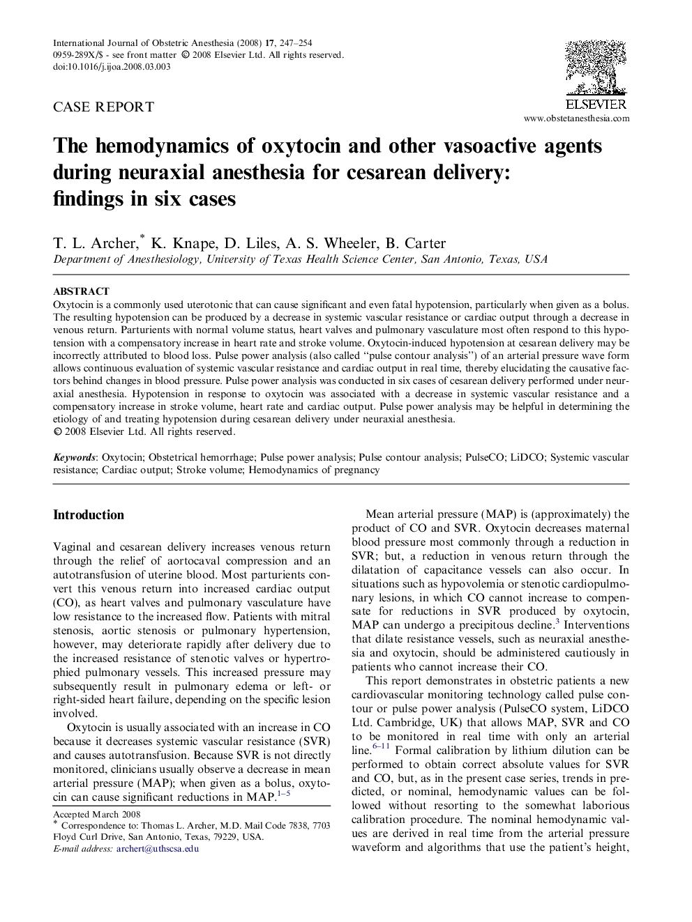 The hemodynamics of oxytocin and other vasoactive agents during neuraxial anesthesia for cesarean delivery: findings in six cases