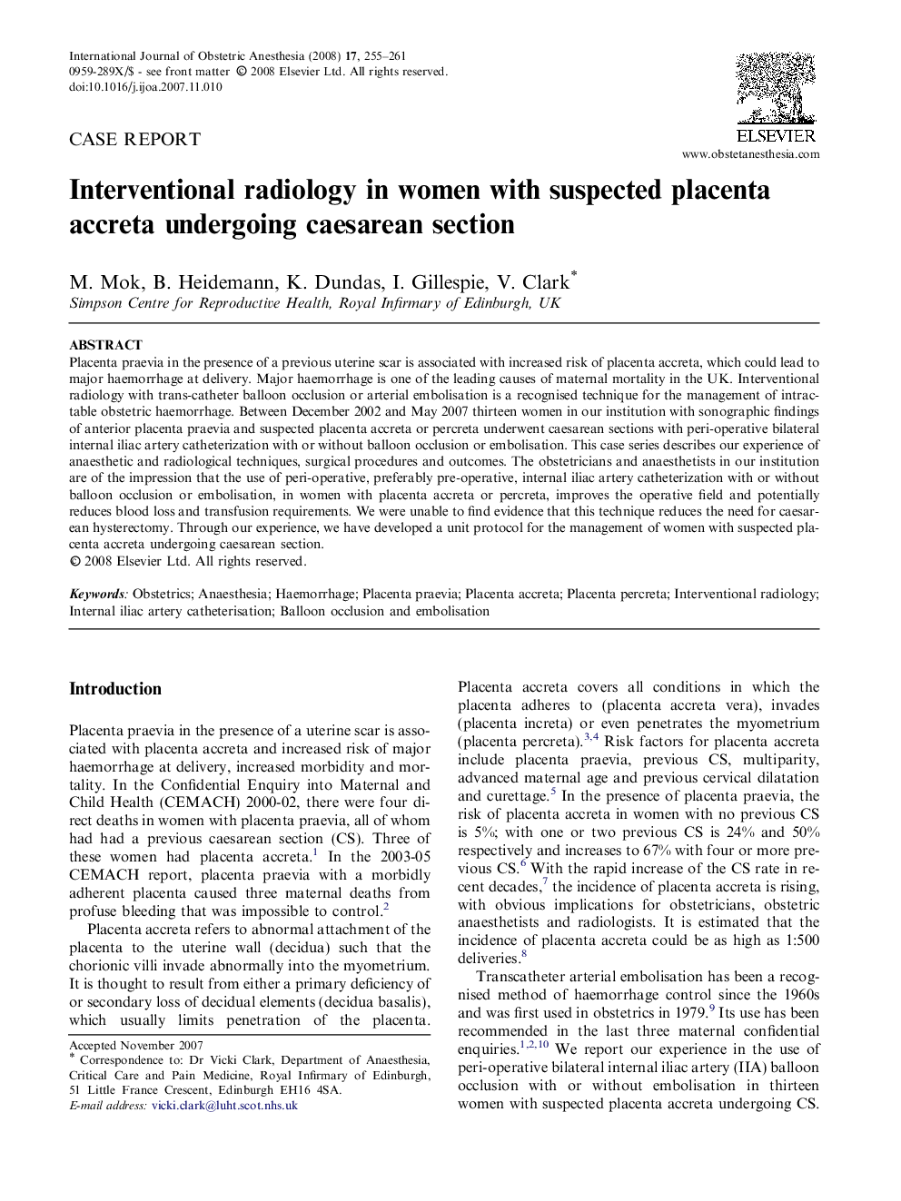 Interventional radiology in women with suspected placenta accreta undergoing caesarean section