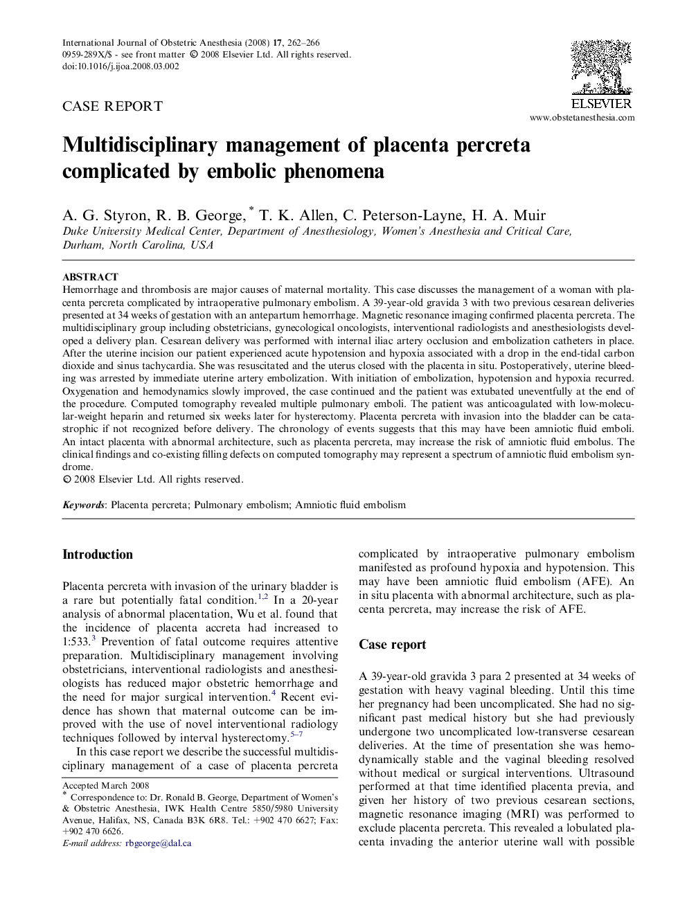 Multidisciplinary management of placenta percreta complicated by embolic phenomena