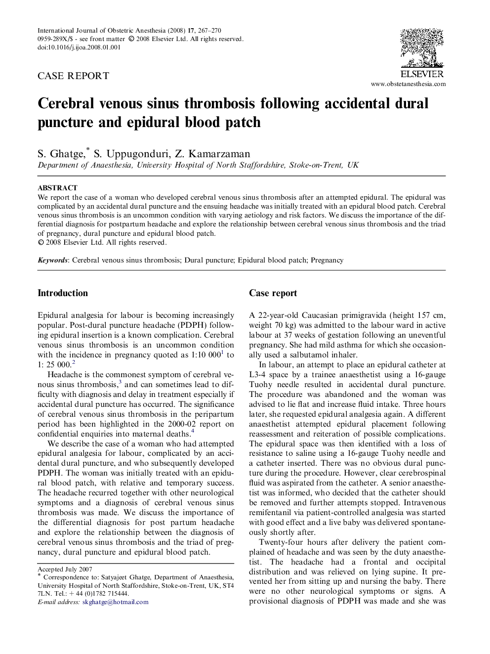 Cerebral venous sinus thrombosis following accidental dural puncture and epidural blood patch