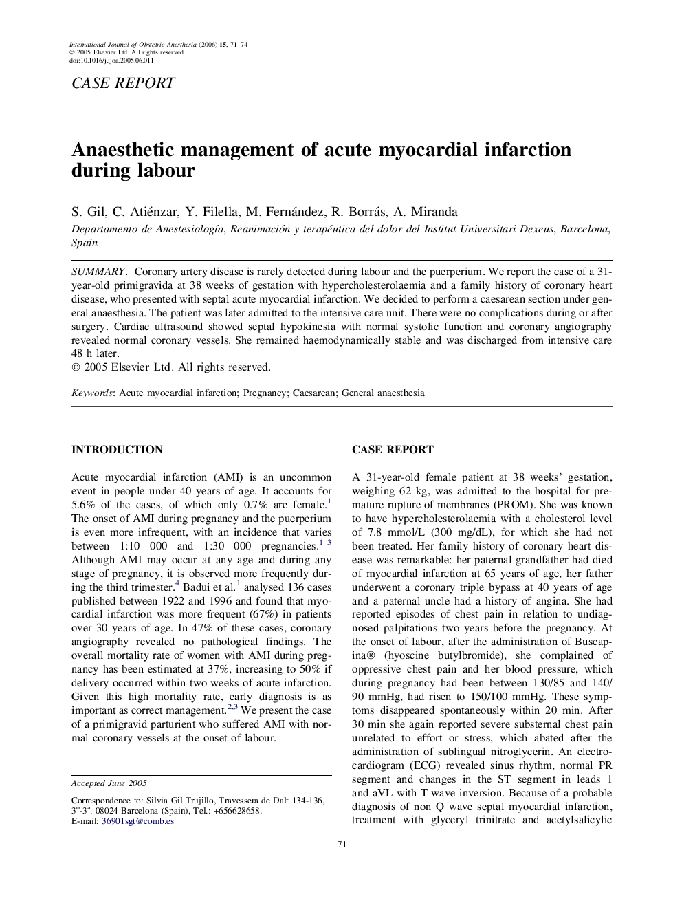 Anaesthetic management of acute myocardial infarction during labour