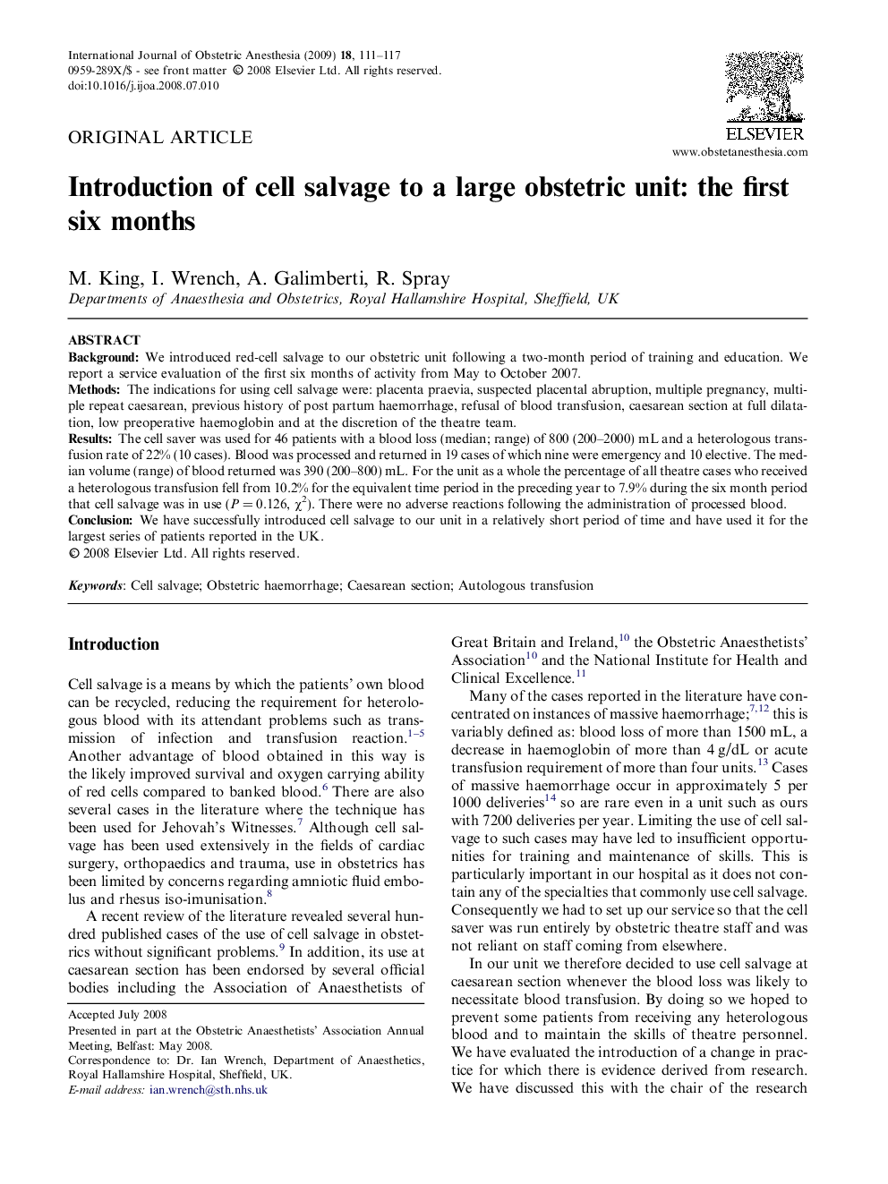 Introduction of cell salvage to a large obstetric unit: the first six months 