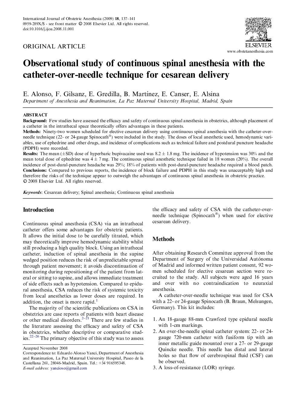 Observational study of continuous spinal anesthesia with the catheter-over-needle technique for cesarean delivery