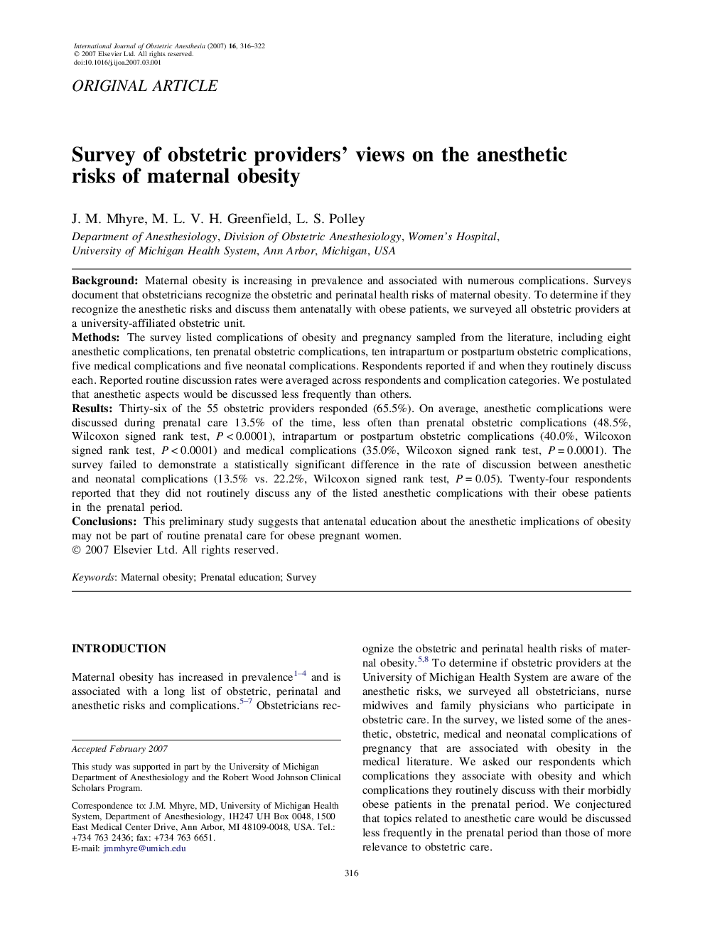 Survey of obstetric providers’ views on the anesthetic risks of maternal obesity 