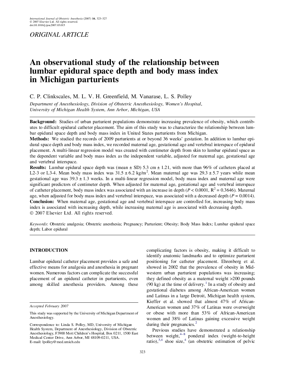 An observational study of the relationship between lumbar epidural space depth and body mass index in Michigan parturients 