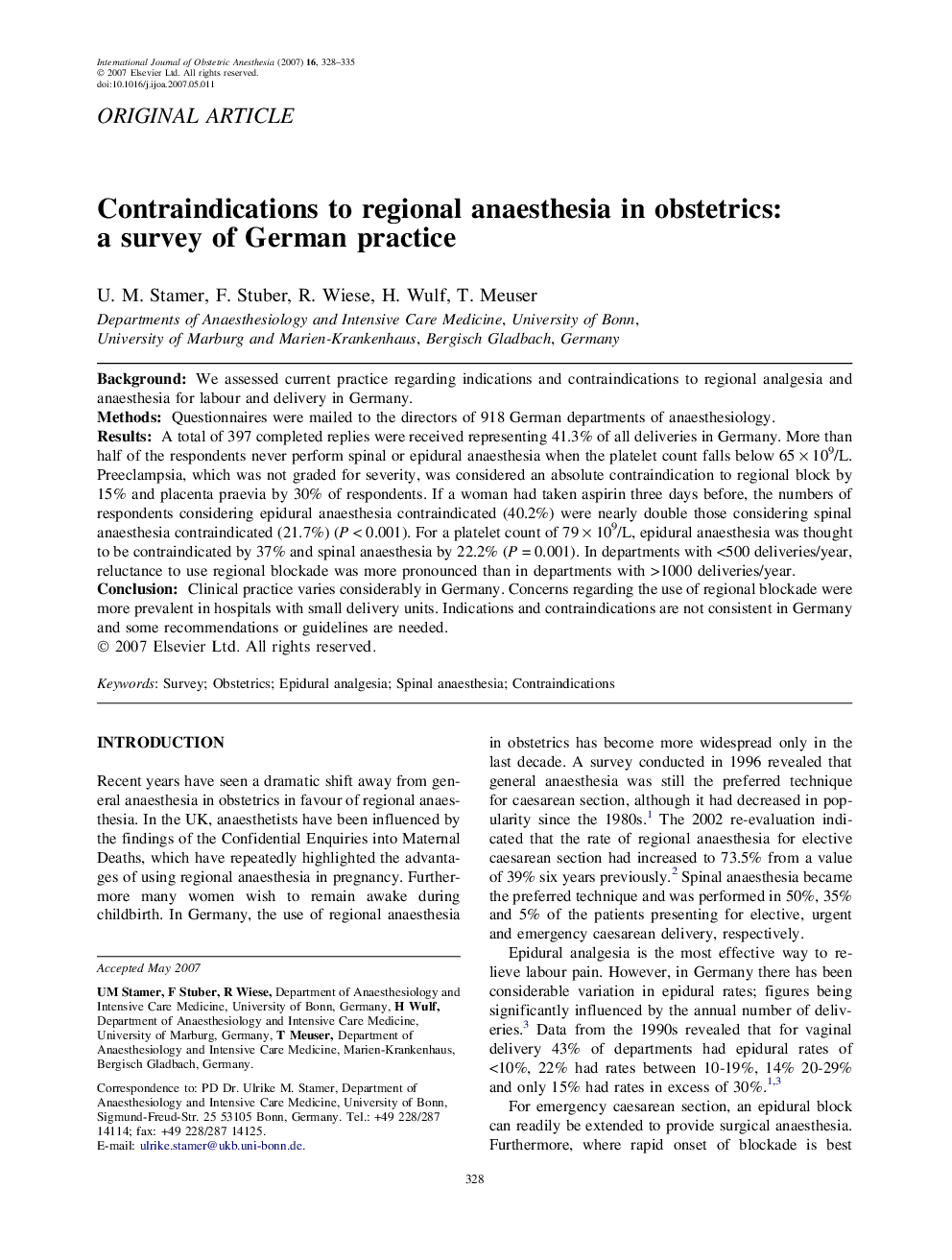 Contraindications to regional anaesthesia in obstetrics: a survey of German practice