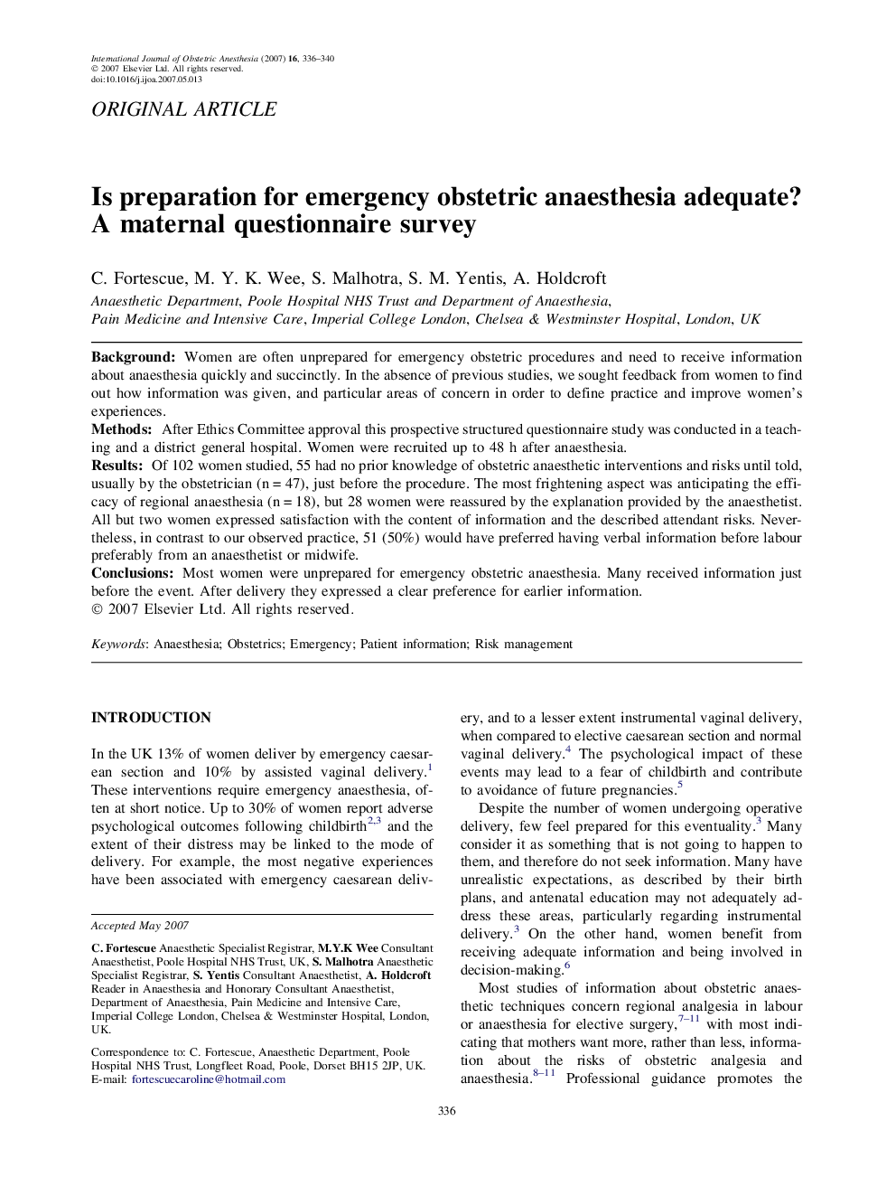 Is preparation for emergency obstetric anaesthesia adequate? A maternal questionnaire survey