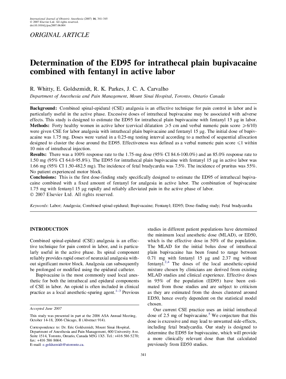 Determination of the ED95 for intrathecal plain bupivacaine combined with fentanyl in active labor 