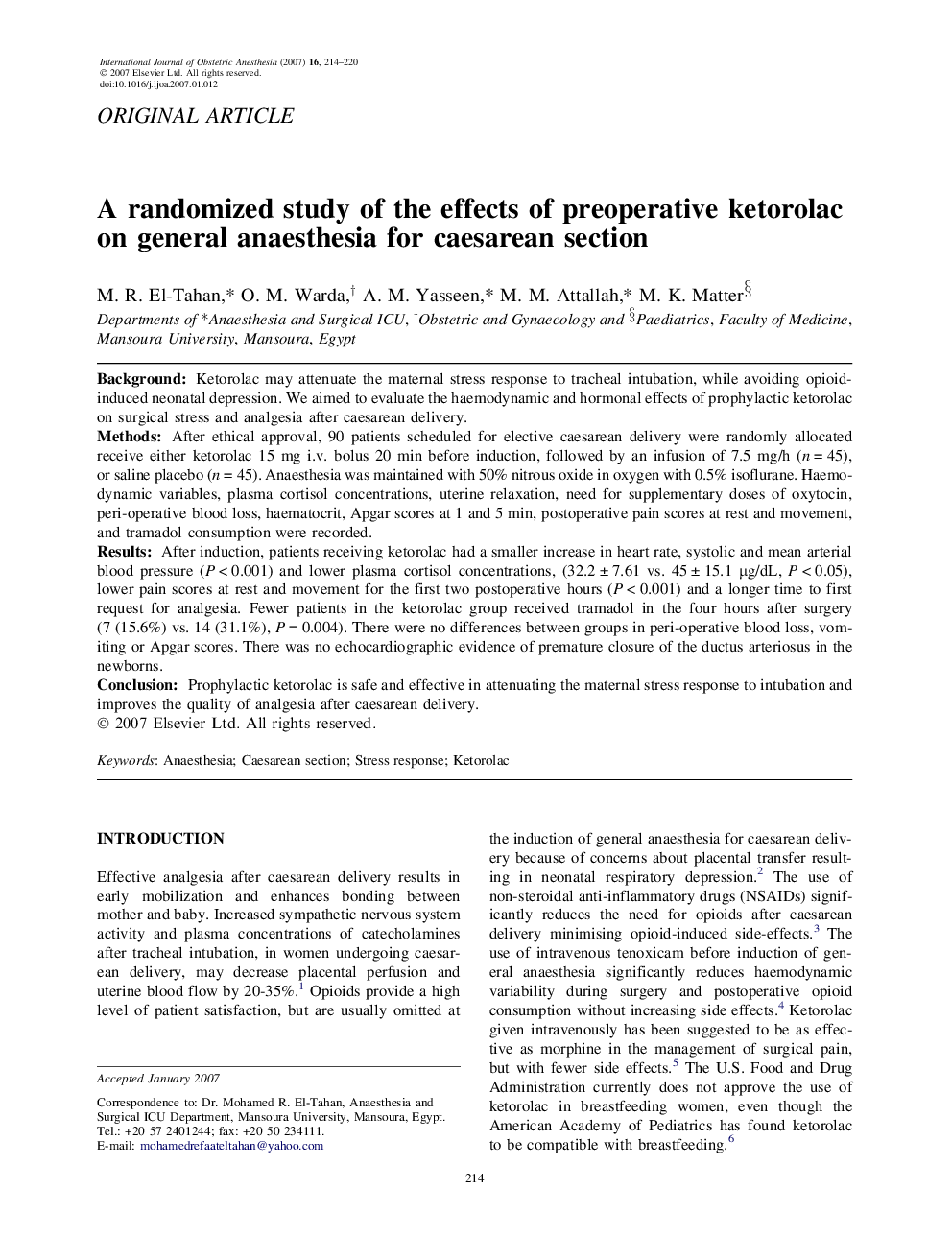 A randomized study of the effects of preoperative ketorolac on general anaesthesia for caesarean section