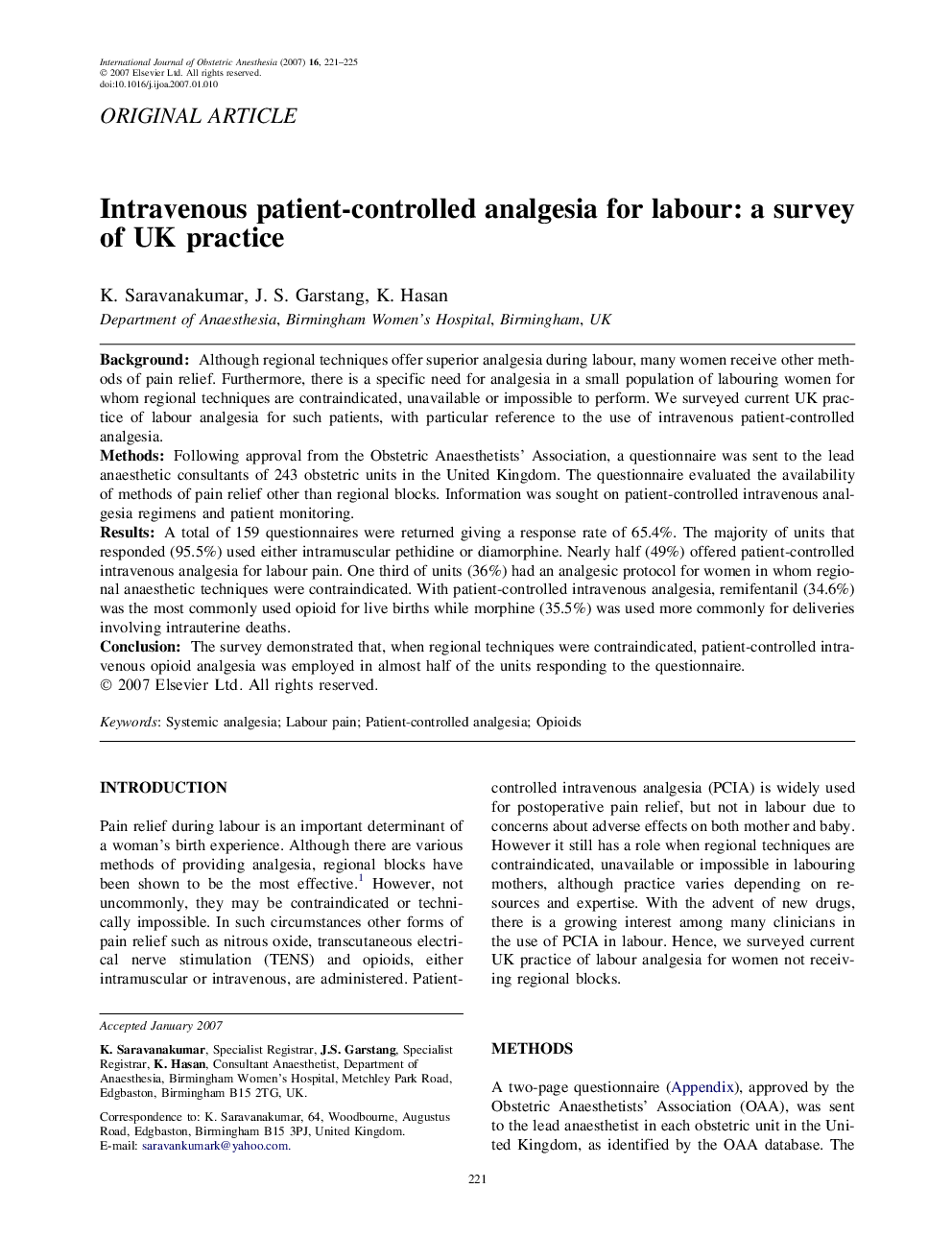 Intravenous patient-controlled analgesia for labour: a survey of UK practice