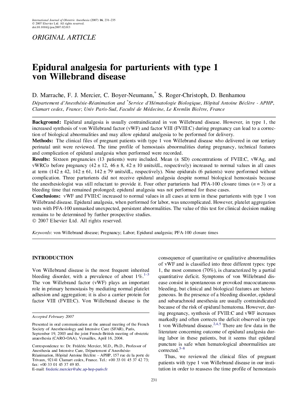 Epidural analgesia for parturients with type 1 von Willebrand disease 