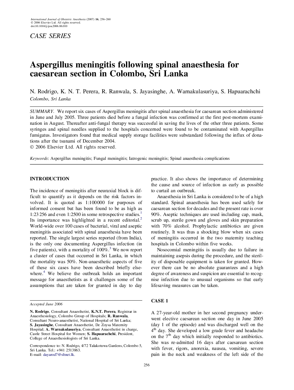 Aspergillus meningitis following spinal anaesthesia for caesarean section in Colombo, Sri Lanka