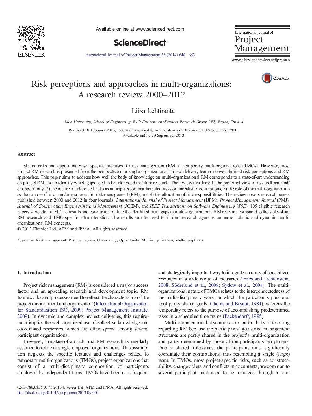 Risk perceptions and approaches in multi-organizations: A research review 2000–2012