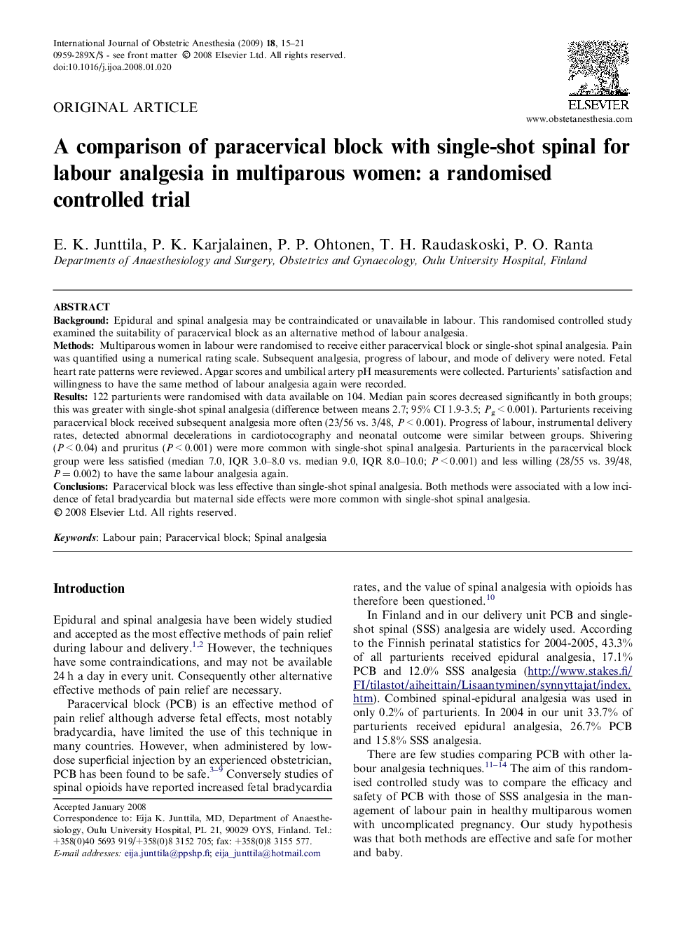 A comparison of paracervical block with single-shot spinal for labour analgesia in multiparous women: a randomised controlled trial