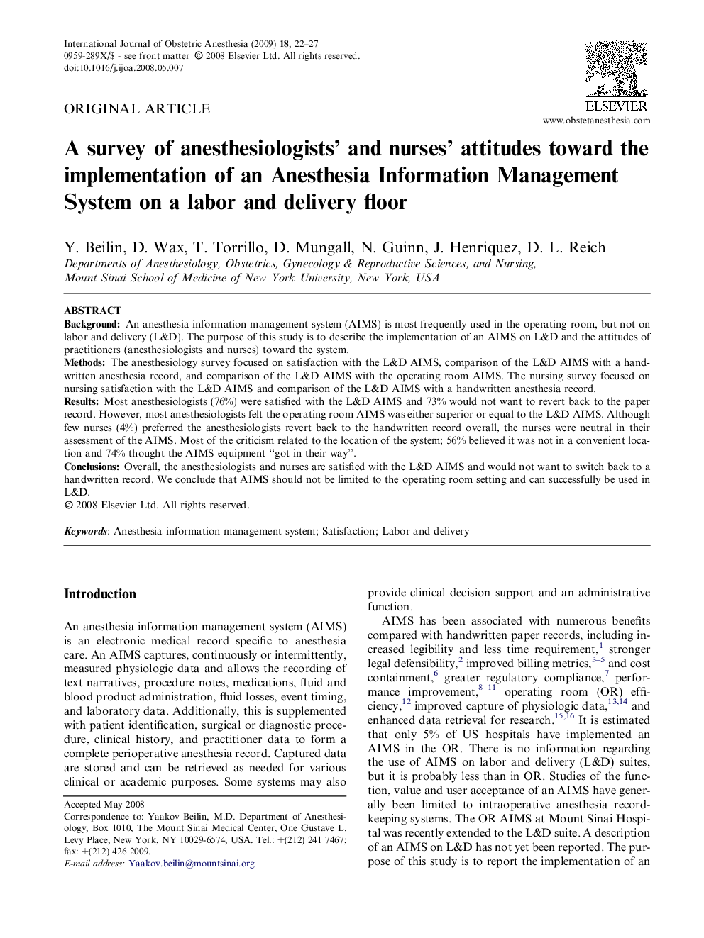 A survey of anesthesiologists’ and nurses’ attitudes toward the implementation of an Anesthesia Information Management System on a labor and delivery floor