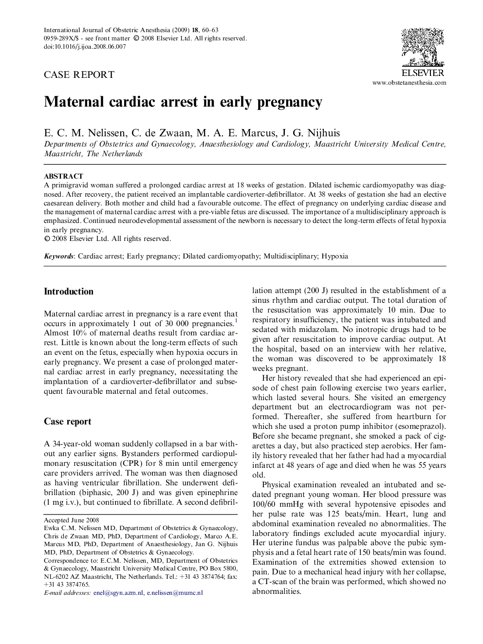 Maternal cardiac arrest in early pregnancy