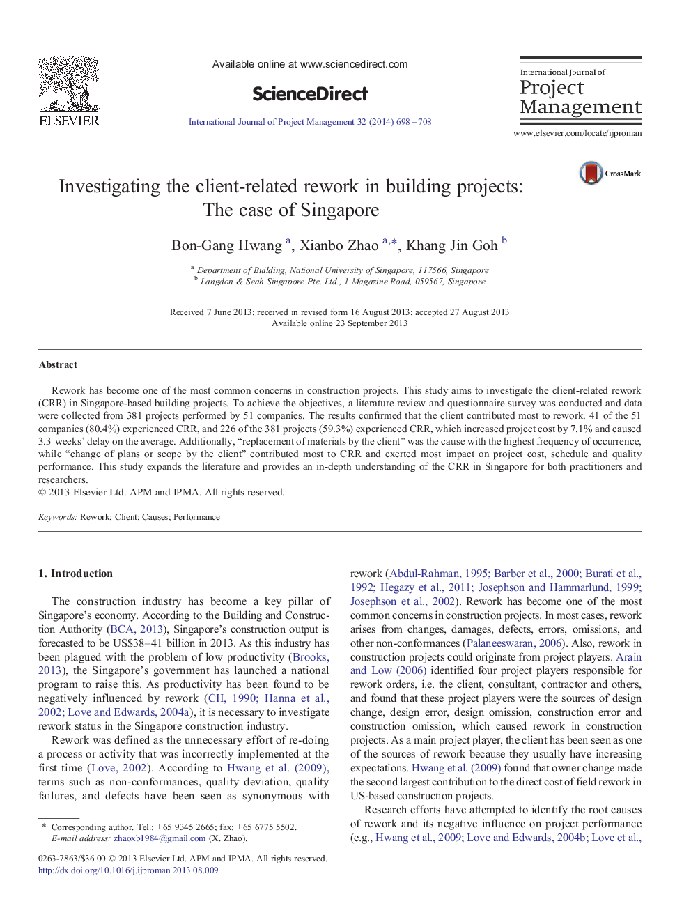 Investigating the client-related rework in building projects: The case of Singapore