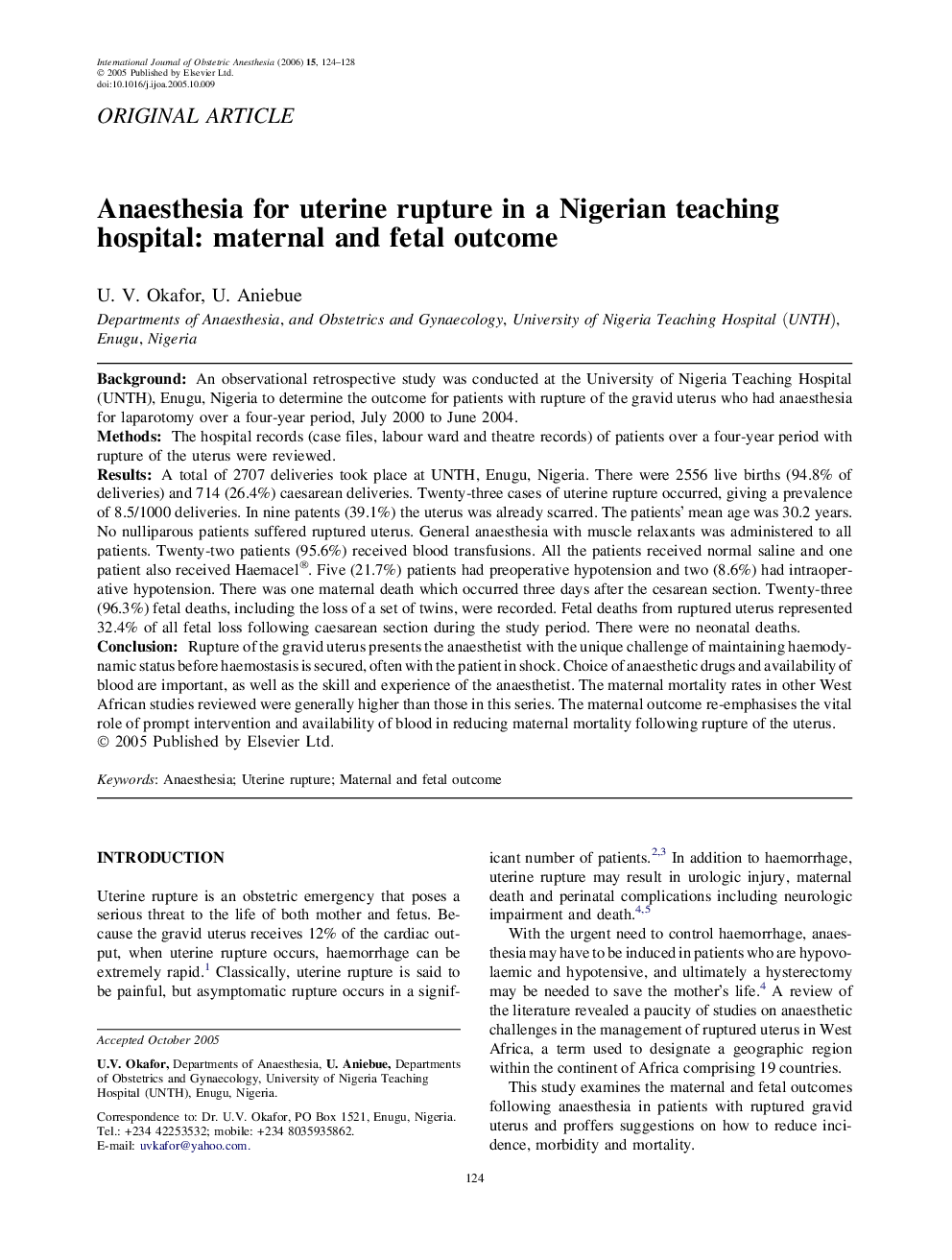 Anaesthesia for uterine rupture in a Nigerian teaching hospital: maternal and fetal outcome