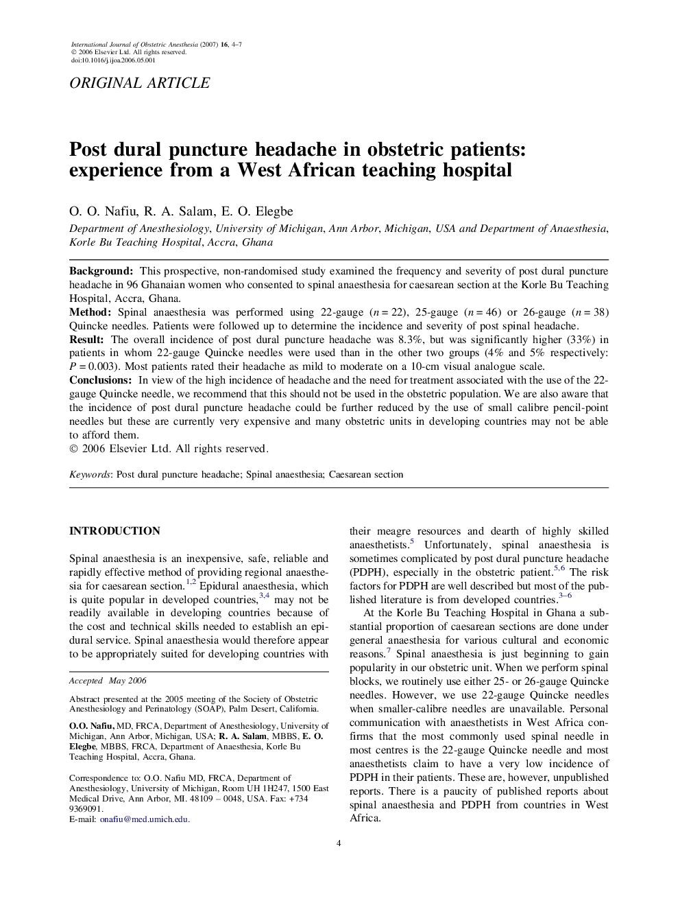 Post dural puncture headache in obstetric patients: experience from a West African teaching hospital 