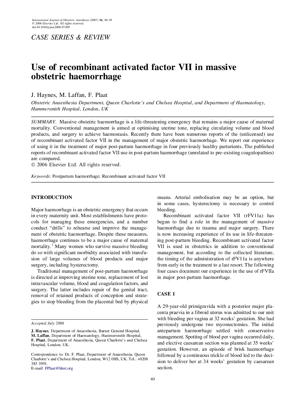 Use of recombinant activated factor VII in massive obstetric haemorrhage