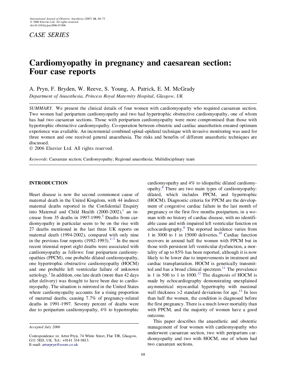 Cardiomyopathy in pregnancy and caesarean section: Four case reports