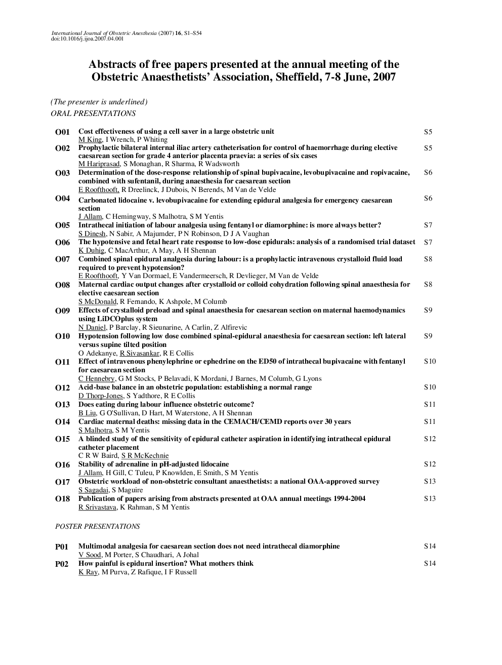 Abstracts of free papers presented at the annual meeting of the Obstetric Anaesthetists Association, Sheffield, 7-8 June, 2007