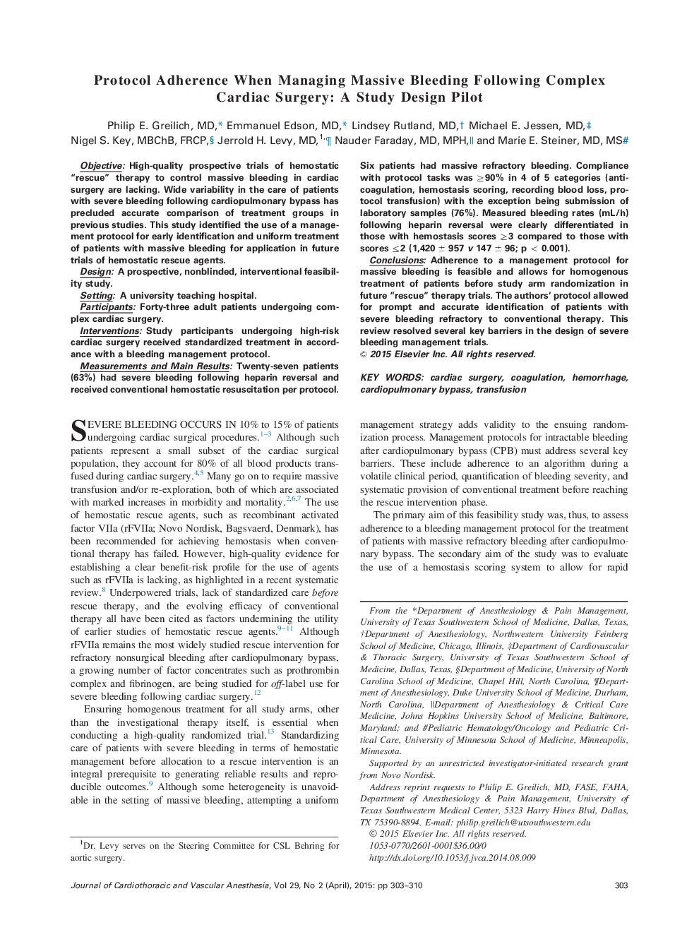 پیروی از پروتکل هنگام مدیریت خونریزی عظیم پس از عمل جراحی قلب پیچیده: یک آزمایش خلبان مطالعه 