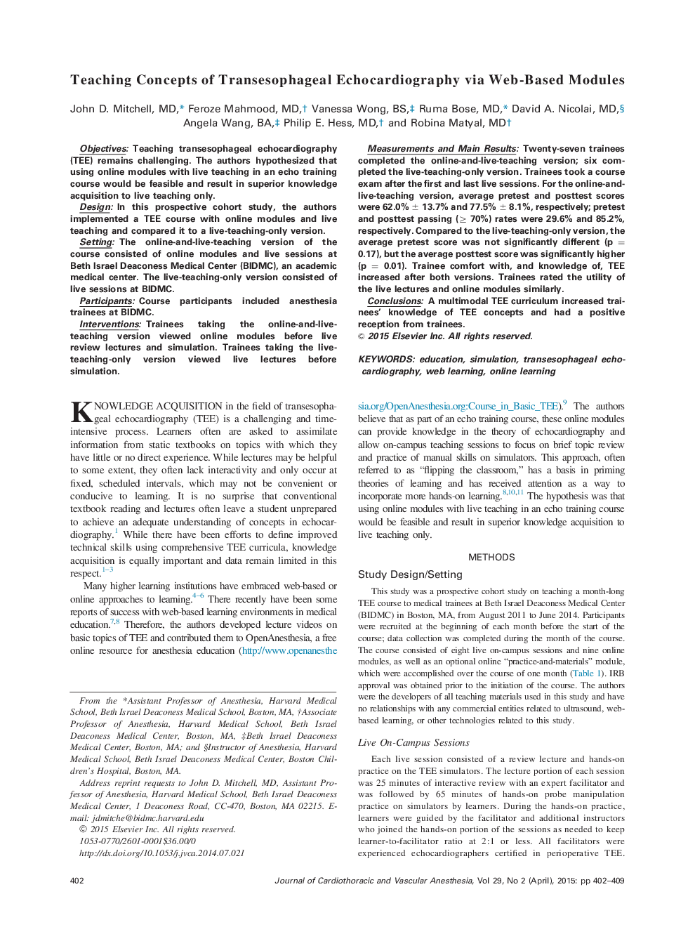 Teaching Concepts of Transesophageal Echocardiography via Web-Based Modules