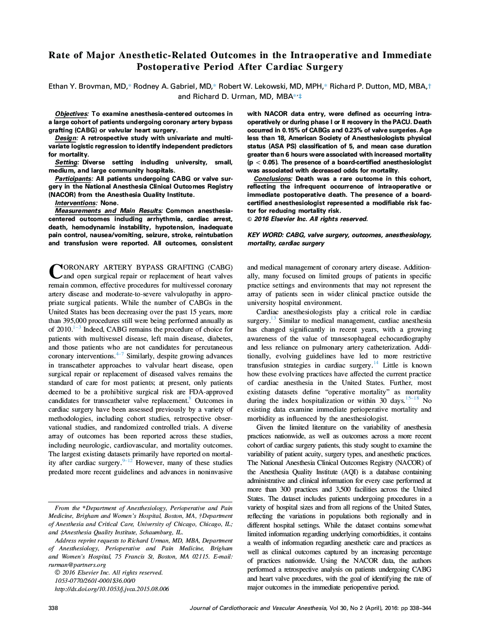 Rate of Major Anesthetic-Related Outcomes in the Intraoperative and Immediate Postoperative Period After Cardiac Surgery