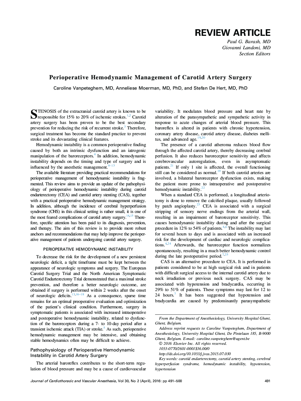 Perioperative Hemodynamic Management of Carotid Artery Surgery