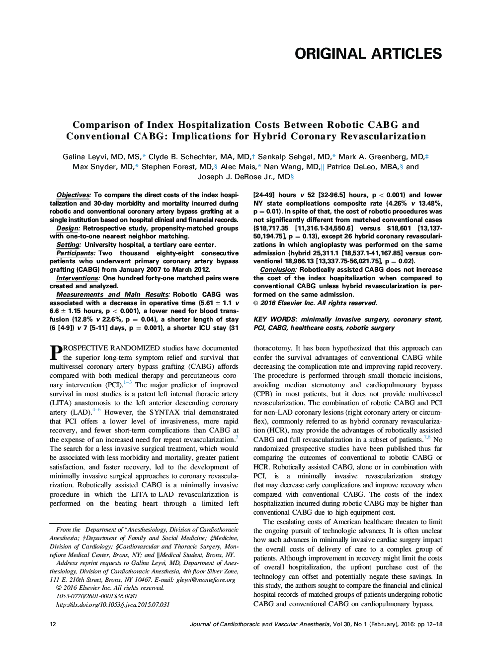 Comparison of Index Hospitalization Costs Between Robotic CABG and Conventional CABG: Implications for Hybrid Coronary Revascularization