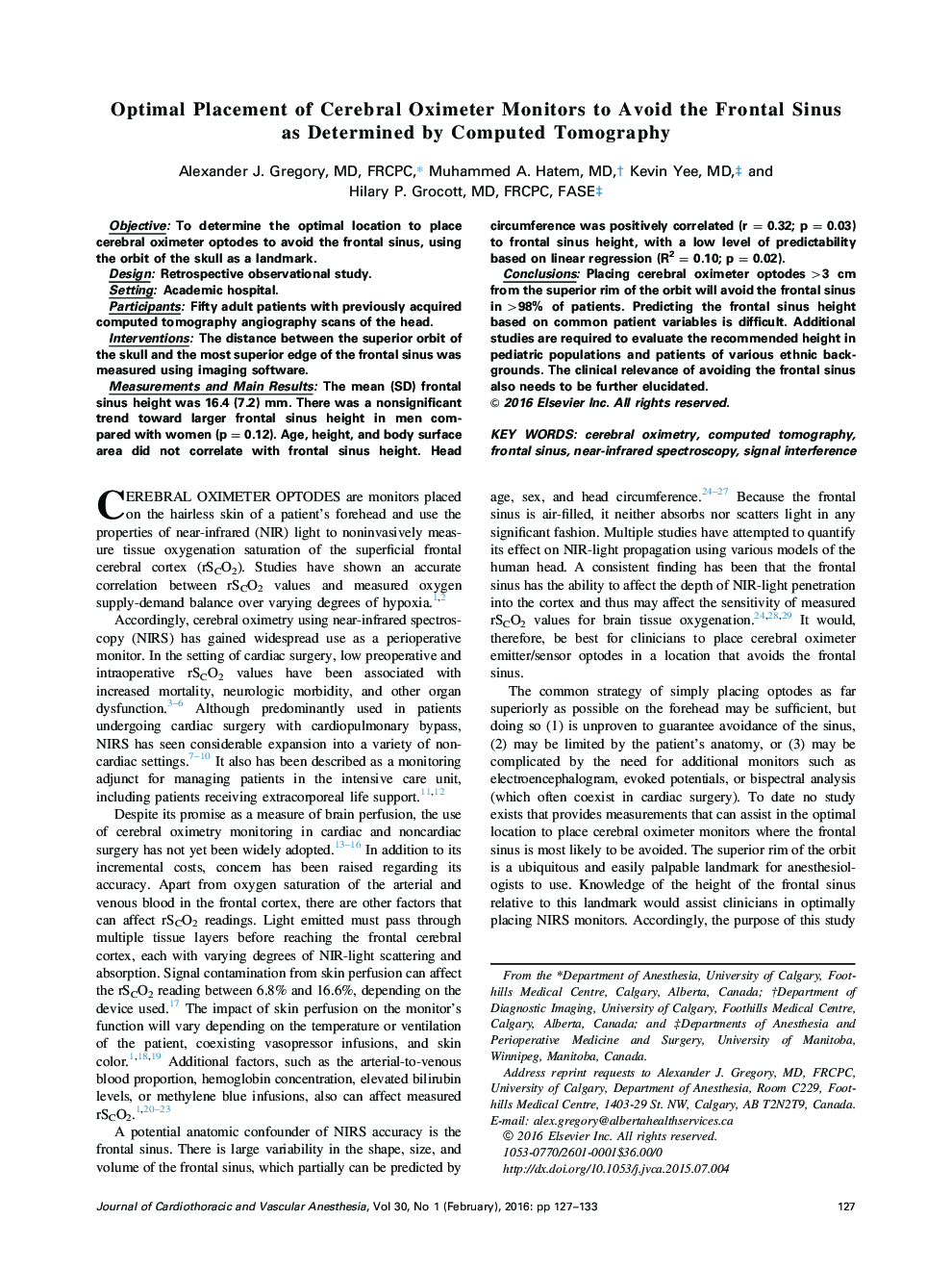 Optimal Placement of Cerebral Oximeter Monitors to Avoid the Frontal Sinus as Determined by Computed Tomography