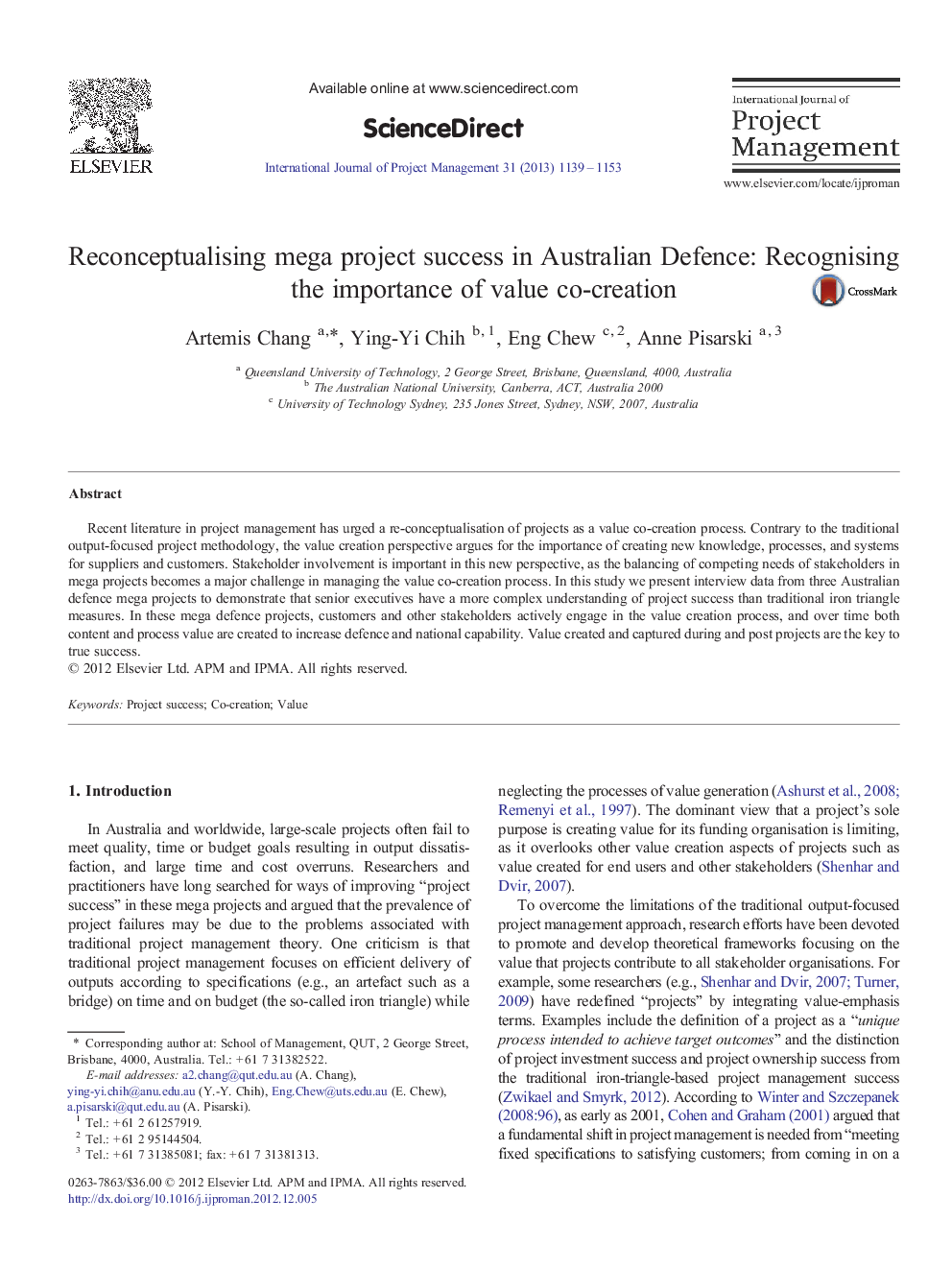 Reconceptualising mega project success in Australian Defence: Recognising the importance of value co-creation