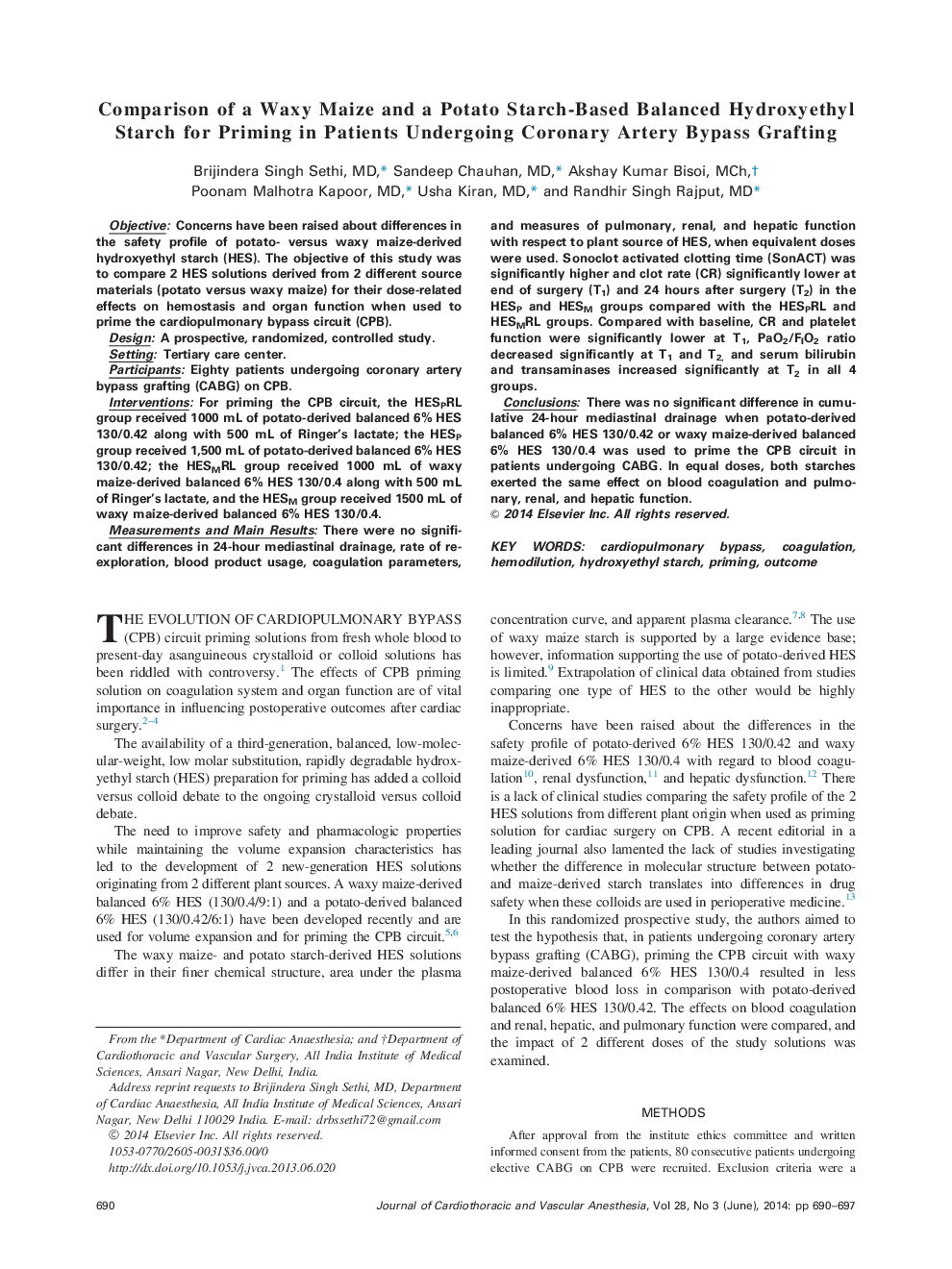 مقایسه مقادیر یک نشاسته هیدروکسی اتیل بر پایه نشاسته سیب زمینی برای کاشت در بیماران مبتلا به پیوند عروق کرونر قلب 