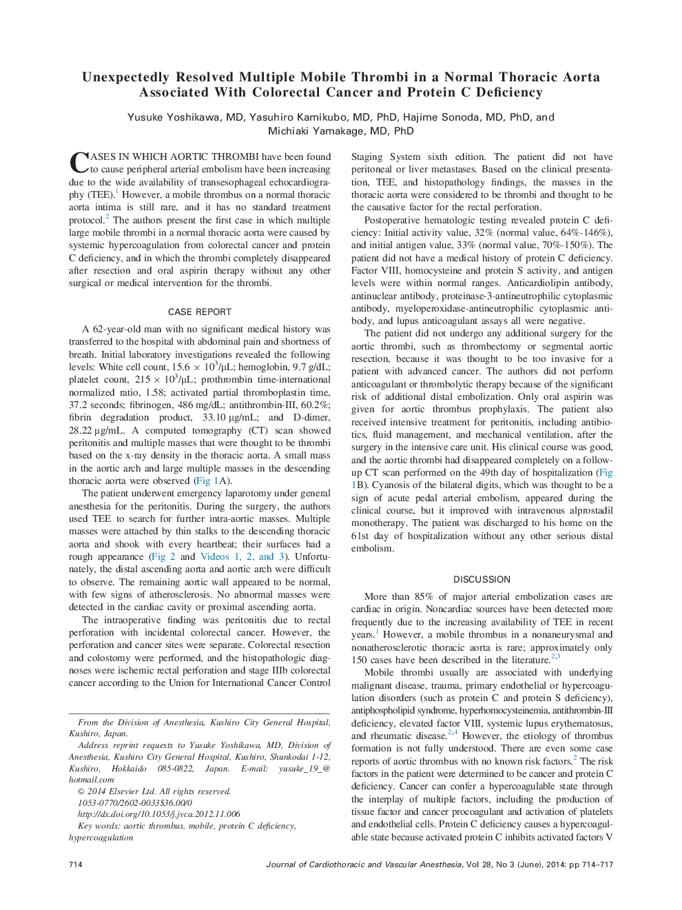 Unexpectedly Resolved Multiple Mobile Thrombi in a Normal Thoracic Aorta Associated With Colorectal Cancer and Protein C Deficiency