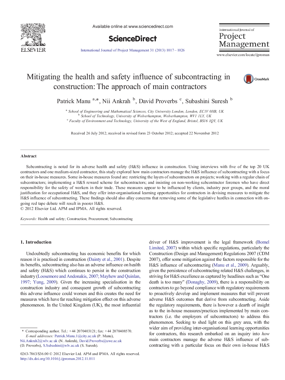 Mitigating the health and safety influence of subcontracting in construction: The approach of main contractors