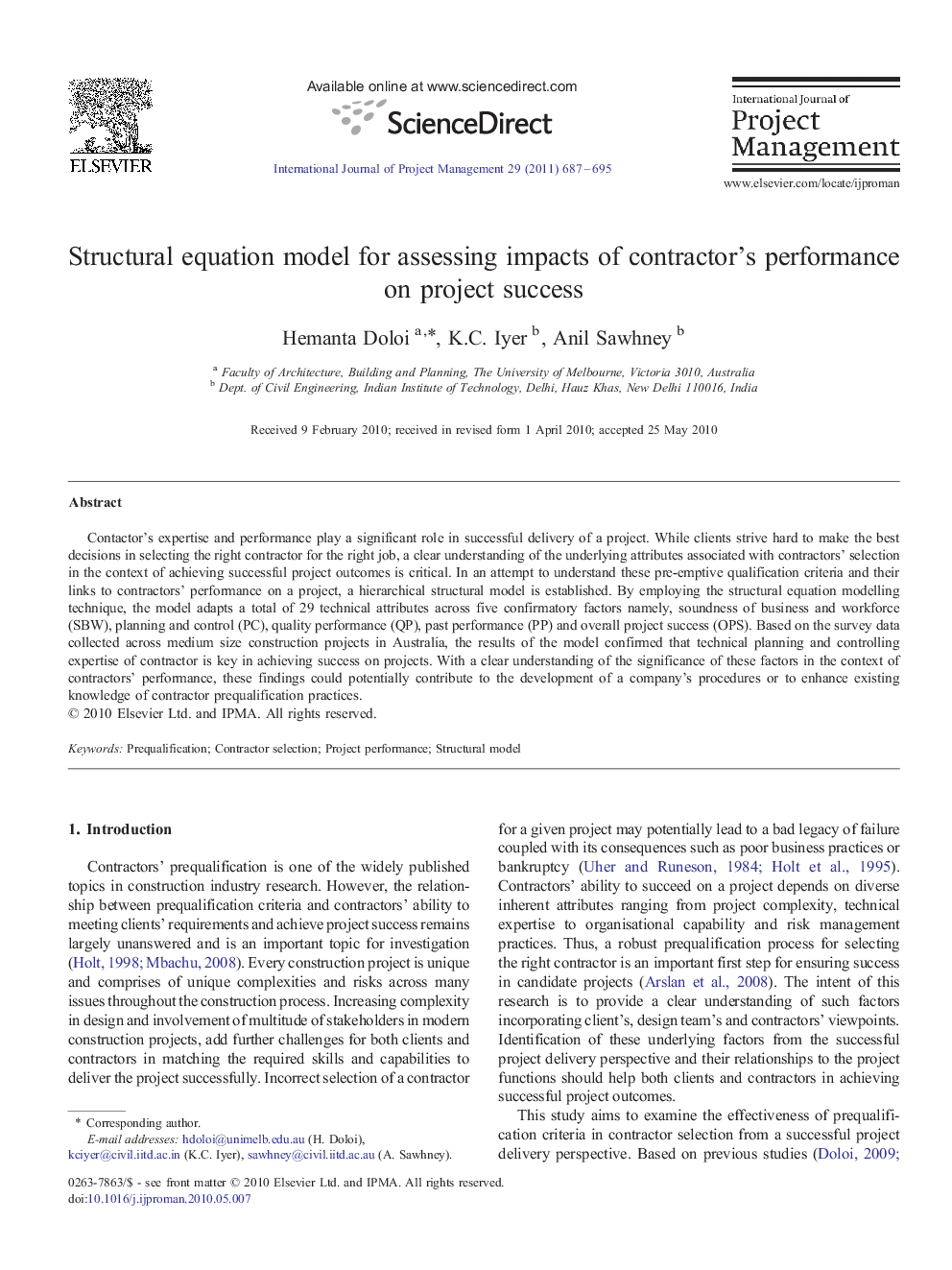 Structural equation model for assessing impacts of contractor's performance on project success