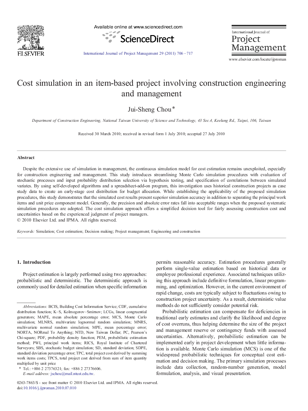 Cost simulation in an item-based project involving construction engineering and management