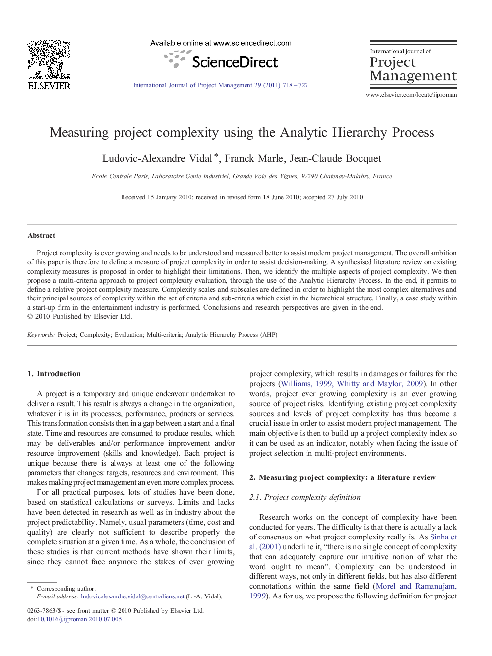 Measuring project complexity using the Analytic Hierarchy Process