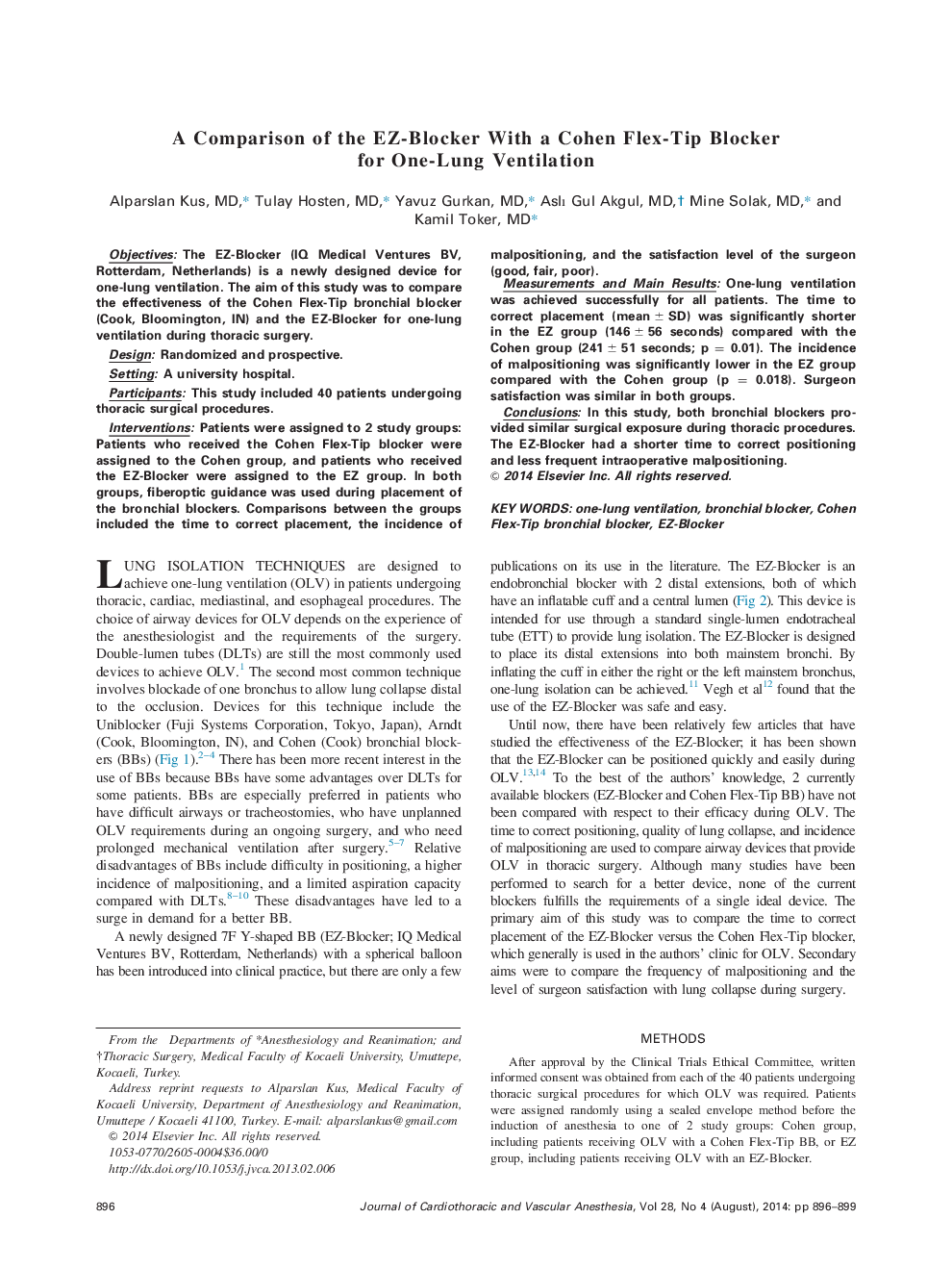 A Comparison of the EZ-Blocker With a Cohen Flex-Tip Blocker for One-Lung Ventilation