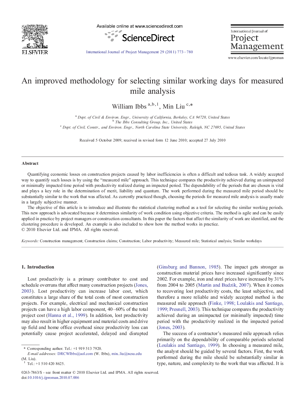 An improved methodology for selecting similar working days for measured mile analysis