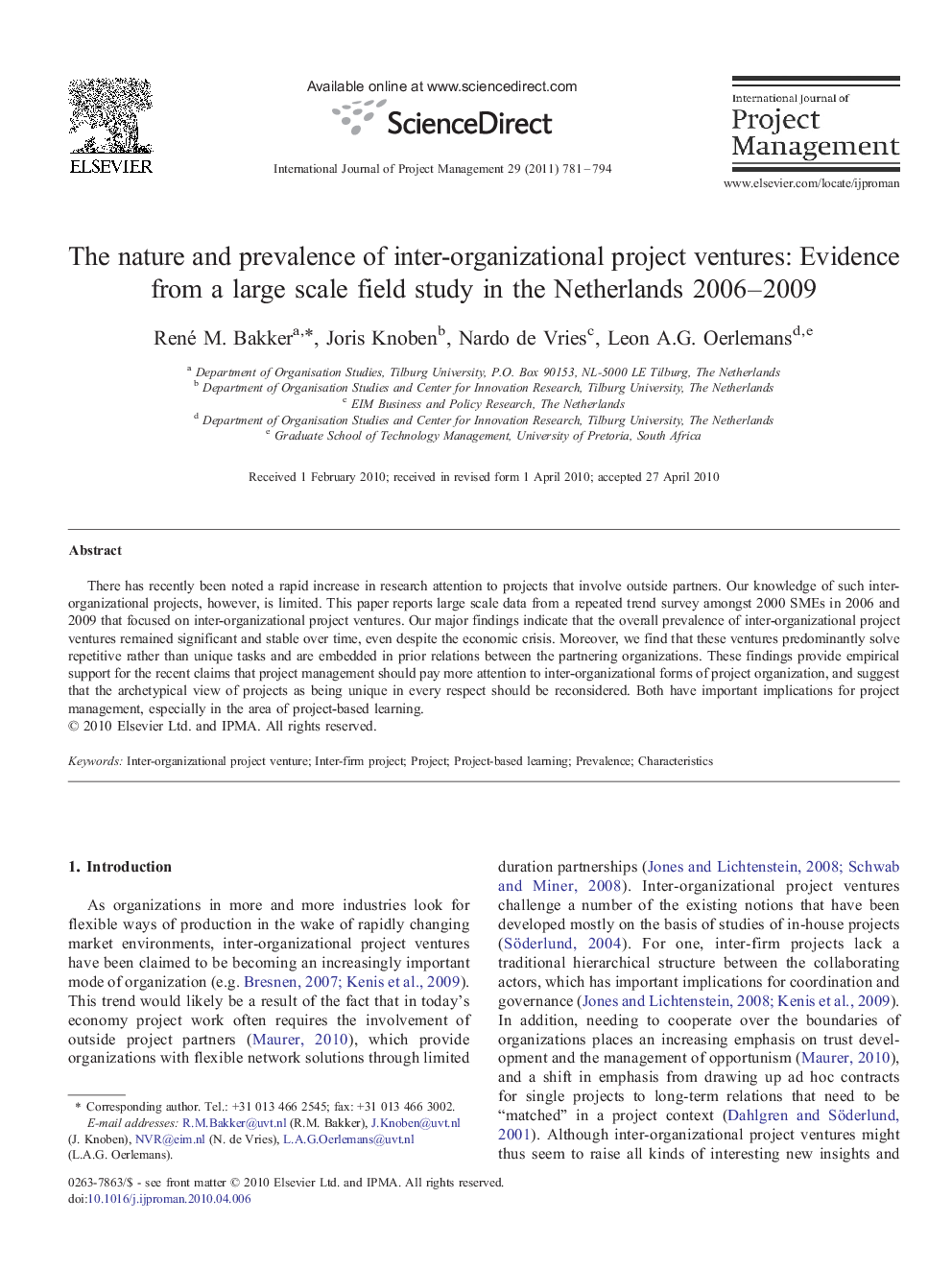 The nature and prevalence of inter-organizational project ventures: Evidence from a large scale field study in the Netherlands 2006–2009