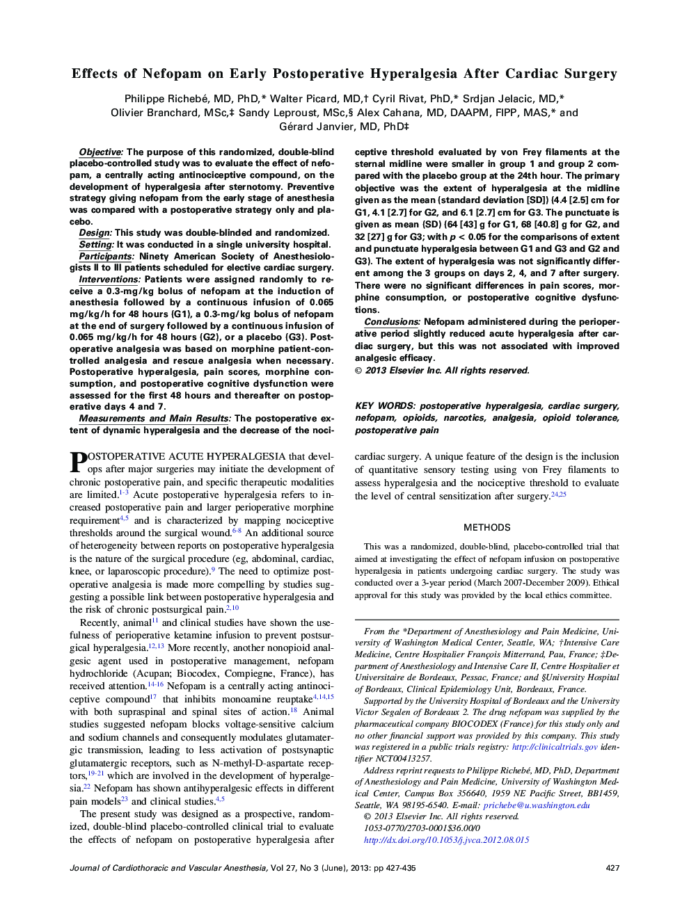 Effects of Nefopam on Early Postoperative Hyperalgesia After Cardiac Surgery 