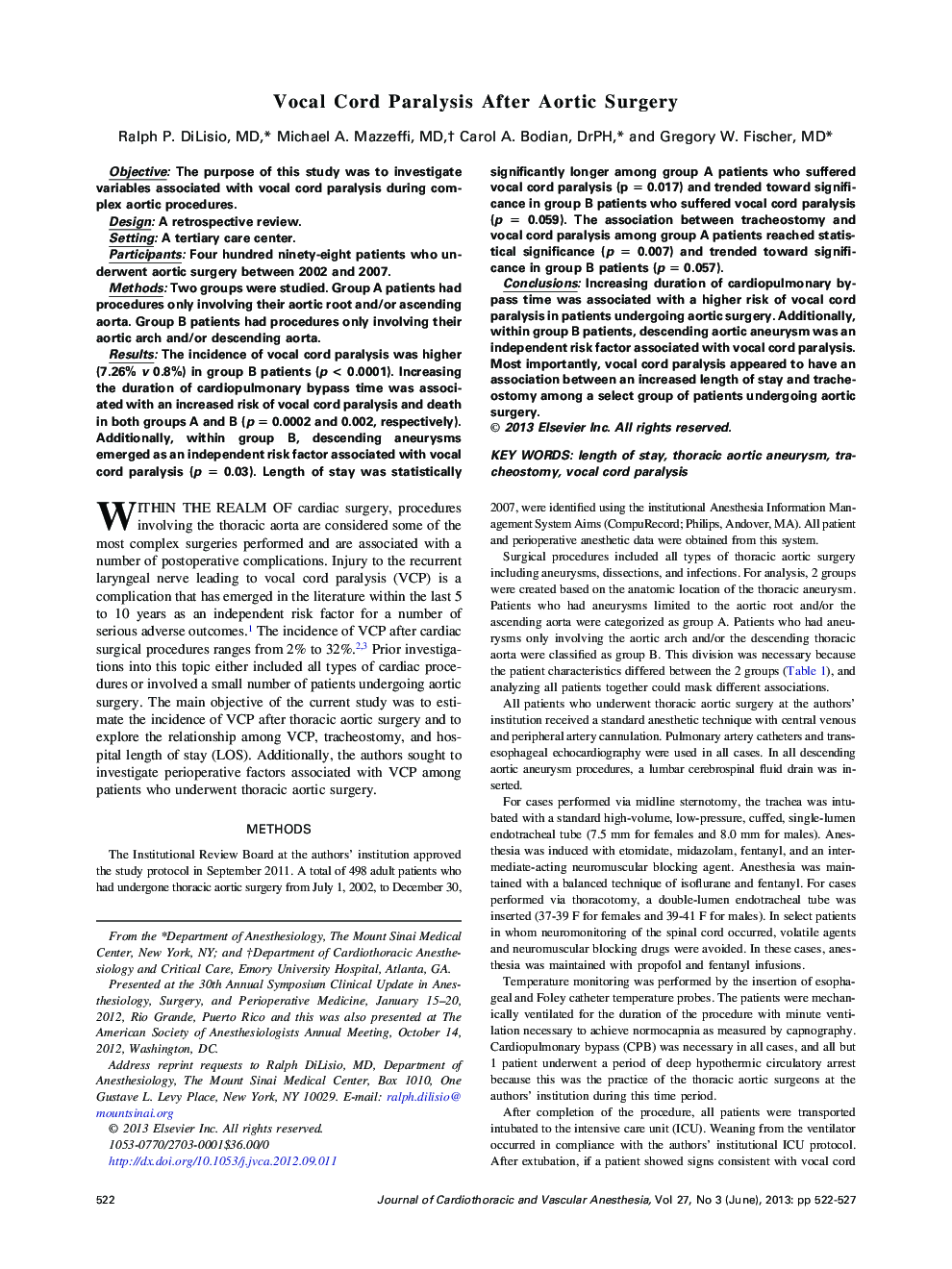 Vocal Cord Paralysis After Aortic Surgery