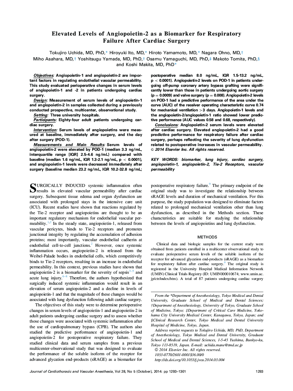 Elevated Levels of Angiopoietin-2 as a Biomarker for Respiratory Failure After Cardiac Surgery