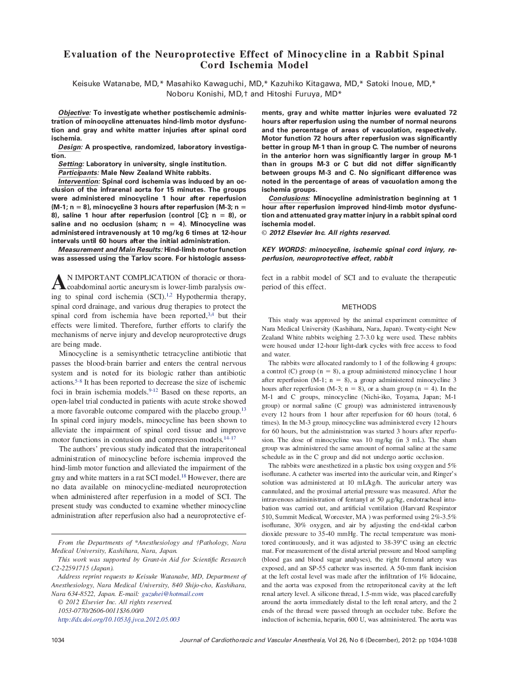 Evaluation of the Neuroprotective Effect of Minocycline in a Rabbit Spinal Cord Ischemia Model 