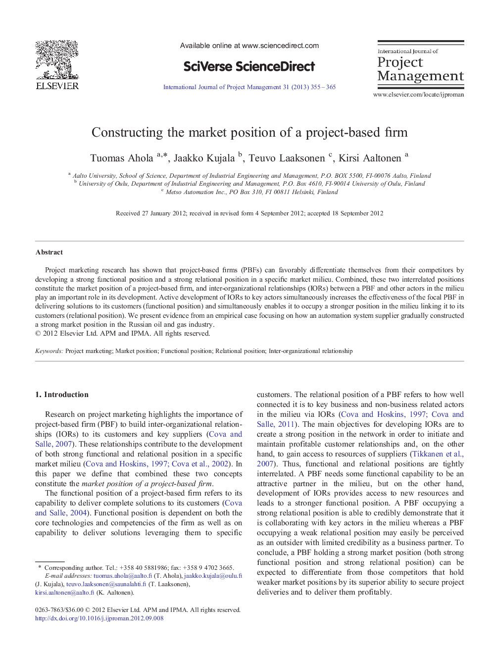 Constructing the market position of a project-based firm