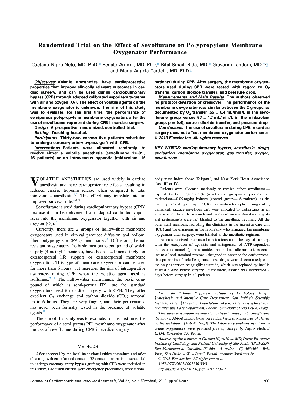 Randomized Trial on the Effect of Sevoflurane on Polypropylene Membrane Oxygenator Performance 