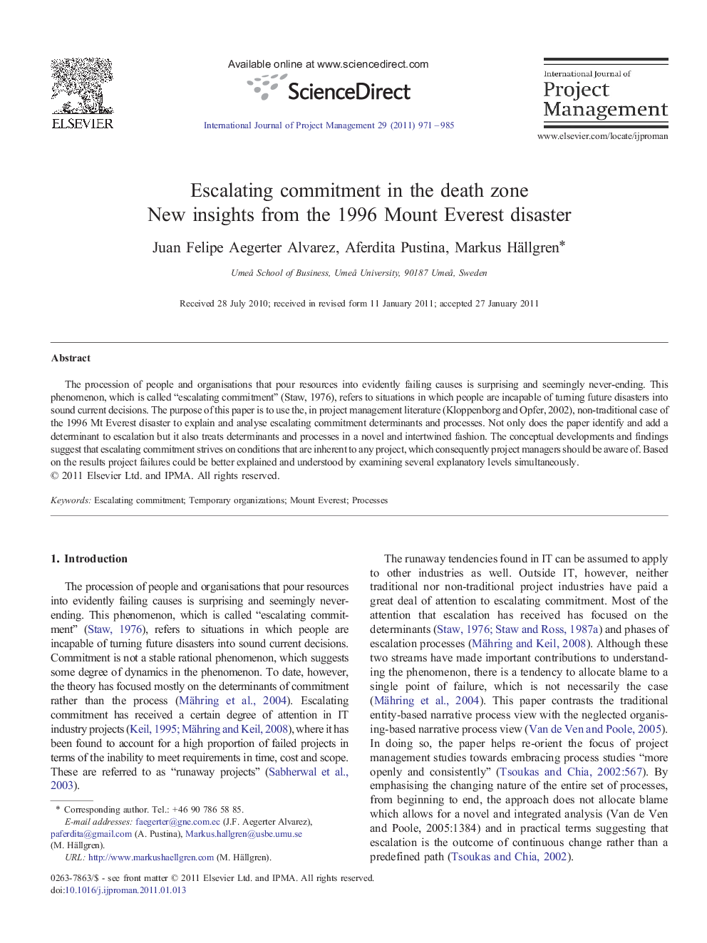 Escalating commitment in the death zone: New insights from the 1996 Mount Everest disaster