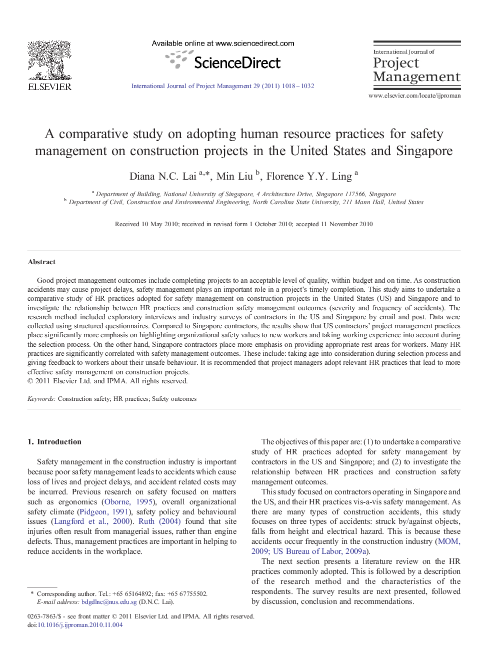 عکس صفحه اول مقاله: A comparative study on adopting human resource practices for safety management on construction projects in the United States and Singapore A comparative study on adopting human resource practices for safety management on construction projects in the United States and Singapore